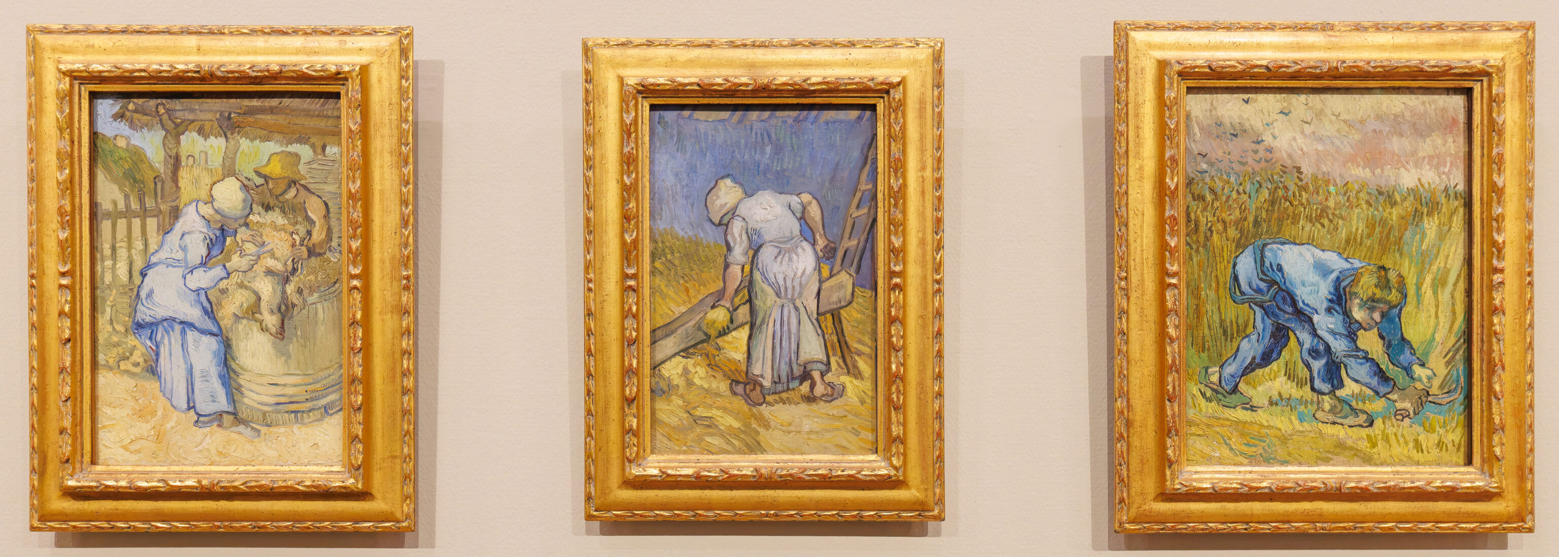 Vincent van Gogh, The Sheepshearer (after Millet), 1889; Peasant Woman Bruising Flax (after Millet), 1889; The Reaper (after Millet), 1889